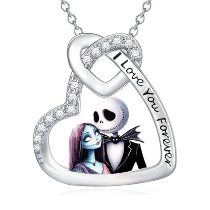 Jack and Sally Necklace 925 Sterling Silver Nightmare Pendant Necklace Heart Halloween Jewelry Gifts for Women