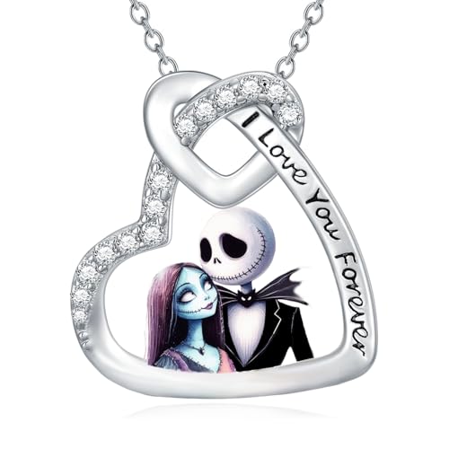 Jack and Sally Necklace 925 Sterling Silver Nightmare Pendant Necklace Heart Halloween Jewelry Gifts for Women