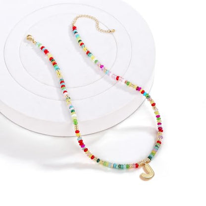 YOUFENG Initial Letter Necklaces for Women Colorful Beaded Gemstone Choker 14K Gold Plated Bubble Letter Pendant Necklace Natural Stone Handmade Jewelry Gift - color: J