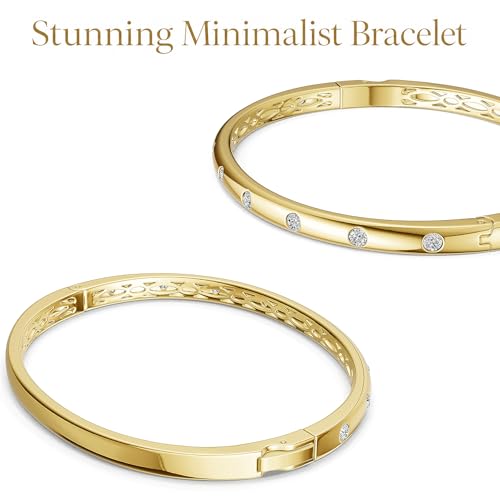 AuraLyric Gold Bracelets for Women, 14K Gold Plated Nail/Love/Emerald Green/Teardrop/Round White CZ Bangle Bracelets, Stackable Gold Bangles Non Tarnish, Gifts for Wife Mom Daughter 6.5 Inch - color: White CZ - Round