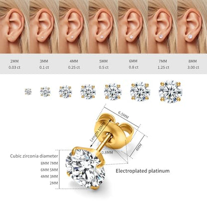 316L Stainless Steel Stud Set for Women Men, 20G Hypoallergenic Cartilage Jewelry with 2mm–8mm CZ Zirconia, Silver & Gold for Sensitive Ear Piercing - color: Sunlight Gold