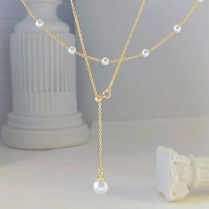 OGD Gold Pearl Necklace Set for Women 14K Plated Layered Daisy Choker Gift - color: 2PS-Lariat Pearl-Gold
