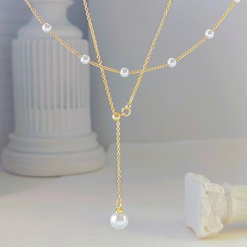 OGD Gold Pearl Necklace Set for Women 14K Plated Layered Daisy Choker Gift - color: 2PS-Lariat Pearl-Gold
