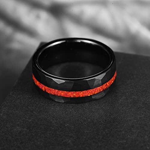 NUNCAD 8mm Tungsten Rings for Men Black Hammered Wedding Bands Red Opal Inlaid Tungsten Ring Polished Edge Comfort Fit Men Women Size 7-12