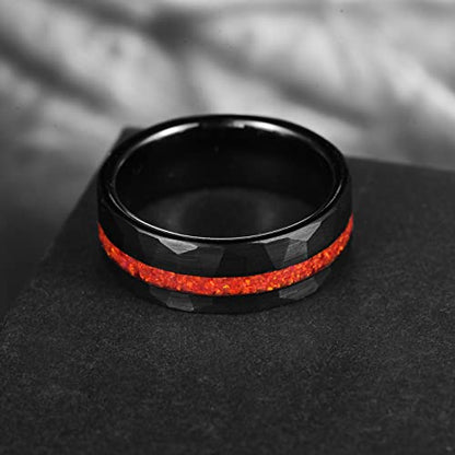 NUNCAD 8mm Tungsten Rings for Men Black Hammered Wedding Bands Red Opal Inlaid Tungsten Ring Polished Edge Comfort Fit Men Women Size 7-12