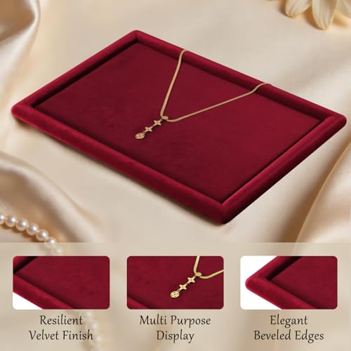 Velvet Jewelry Display Tray for Ring Earrings Necklace Bracelet Flat Tray - color: Red, size: 12.99 × 9.06 in
