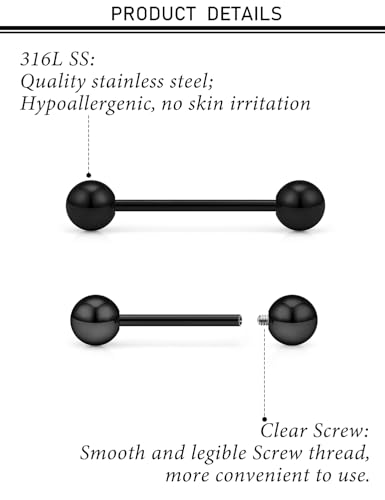 16G 14G 12G Black Nipple Piercings Tongue Rings Externally/Internally Threaded Hypoallergenic 316L Surgical Steel Nipple Tongue Barbell Piercing Jewelry for Women Men 12mm 14mm 16mm 19mm 22mm - color: 14G/Internally Threaded/12mm-18mm Bars/5mm Balls