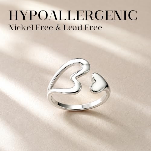 Silver Open Adjustable Stacking Rings for Women, Minimalist Wrap Band Set, Geometric/Heart/Wave/Leaf/Spiral Styles, Hypoallergenic, Gift Box Included, Thumb Ring Option - color: Hollow Heart Cutout