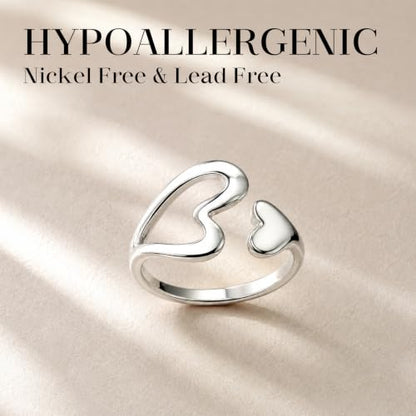 Silver Open Adjustable Stacking Rings for Women, Minimalist Wrap Band Set, Geometric/Heart/Wave/Leaf/Spiral Styles, Hypoallergenic, Gift Box Included, Thumb Ring Option - color: Hollow Heart Cutout