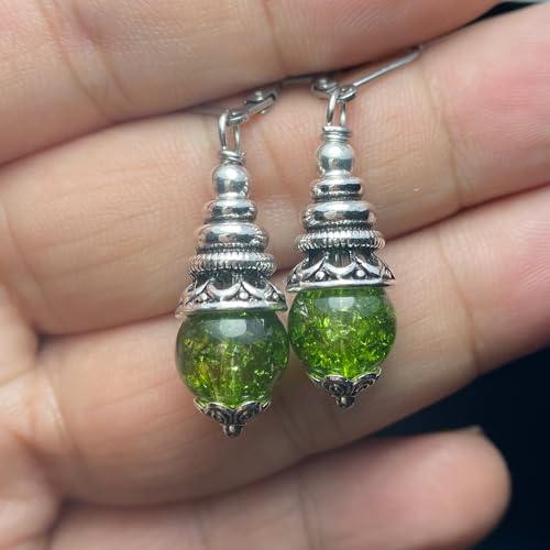 Natural 10mm Stone Beads Drop Earrings,Retro Silver Round Quartz Crystal Gemstone Beads Dangle Earrings for Women - color: A09_Crack Green Quartz