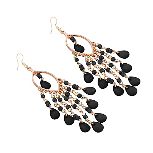 Essencedelight Crystal Beaded Tassel Earring Long Beaded Dangle Earring Fringe Hook Earring for Women Bridal Wedding - color: black