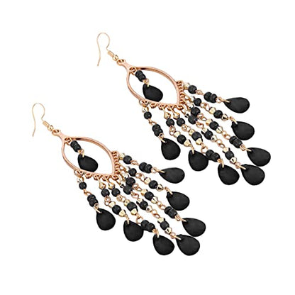 Essencedelight Crystal Beaded Tassel Earring Long Beaded Dangle Earring Fringe Hook Earring for Women Bridal Wedding - color: black