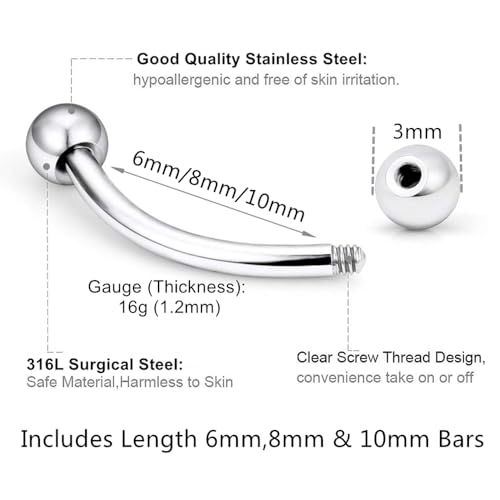 6pc 16G 6/8/10mm Bar Surgical Steel Curved Barbell Coated Crystal Eyebrow Ring Ear Body Piercing Jewelry Set - color: lake blue