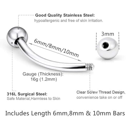 6pc 16G 6/8/10mm Bar Surgical Steel Curved Barbell Coated Crystal Eyebrow Ring Ear Body Piercing Jewelry Set - color: lake blue
