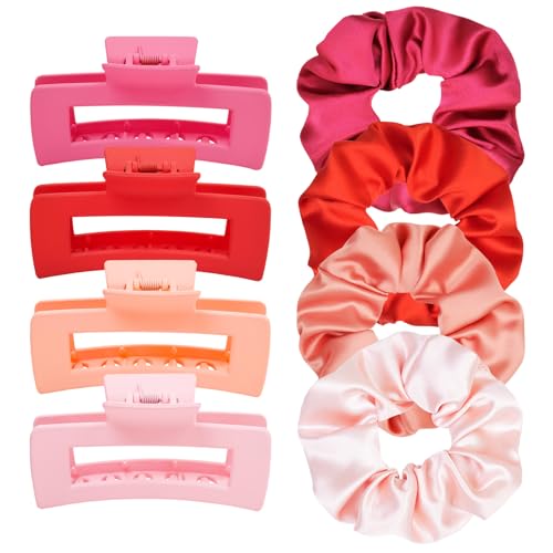 8pcs Hair Clips and Scrunchies Set for Women – 4 Non-Slip Matte Medium Claw Clips, 4 Large Satin Scrunchies, Hair Accessories for Thick Thin Hair, Party, Daily Use (Pink Colors Set) - color: Red/Light Pink/Hot-Pink/Orange Pink