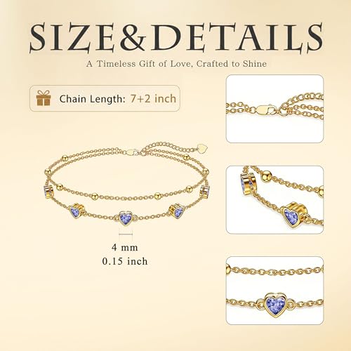 Midari 18K Yellow Gold Gemstone Birthstone Anklet Bracelet Heart Jewelry with 12 Months Birthstone Birthday Gifts for Women Wife Her Daughter Mom - color: 06-Light Violet, size: Bracelet 7"-9"