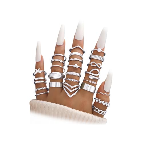 iF YOU 25 Pcs Gold Stackable Ring Set for Women, Chunky Knuckle Finger Midi Rings, Silver Simple Stacking Cute Rings Pack Trendy Stuff Jewelry Gift - style: 25 Silver chunky-size 4-8.5