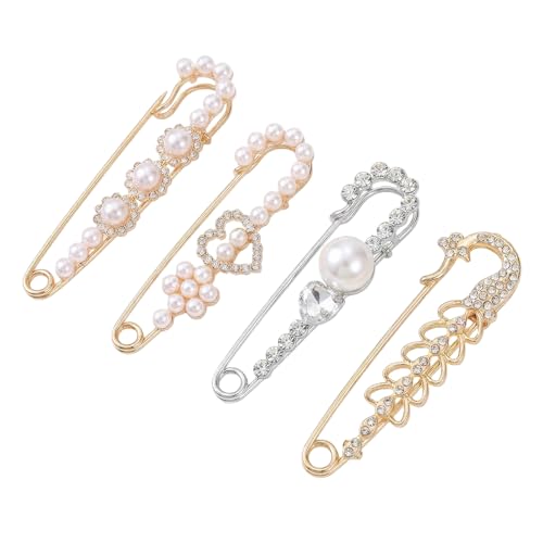 4 Pcs Women Brooch Pins Set, Faux Crystal Pearl Decorative Brooches, Multipurpose Sweater Shawl Clips, Safety Fastener Clothes Buckle Clips, Stylish Dress Shirt Clips for Daily Outfit Decoration