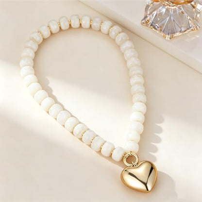 Chunky Heart Necklaces for Women Colorful Resin Beaded Necklaces for Women Gold Puffy Heart Statement Necklace Trendy Acrylic Choker Jewelry Gift - color: B-White