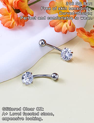 Long Belly Button Ring 6mm 8mm 10mm 12mm 14mm Surgical Stainless Steel Round Cubic Zirconia Navel Barbell Long Bar Belly Button Piercing Jewelry Silver, black, rose gold belly ring - color: 2pcs-12mm-Silver navel ring