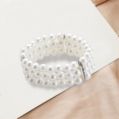 3 Rows Faux Pearls Bracelet for Women Vintage Multi-Layered Rhinestone Pearl Stretch Bracelet Bridal Wedding Jewelry