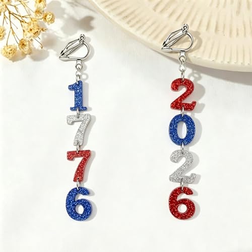 4th of July Independence Day Clip on Earring for Women American Flag Dangle Earrings Patriotic Red White Blue USA Earring, Pave Crystal Stud - color: red 50