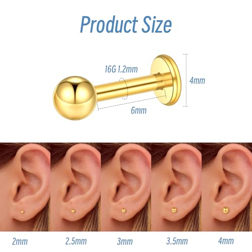 Xpircn Flat Back Stud Earrings 16G 18G 20G Tiny CZ Stud Earrings, Gold Flat Back Earrings, Threadless Cartilage Tragus Piercing Conch Helix Stud - color: 14K Gold Filled-Tiny Ball, size: 16G 6mm Bar
