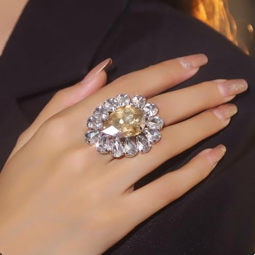 Sparkling Rhinestone Ring Bohemia Thick Large Oval Geometric Ring Square Princess Rings Fashion Heart Zircon Crystal Ring Prom Wedding Party Ball Rings for Women - color: Yellow Ellipse