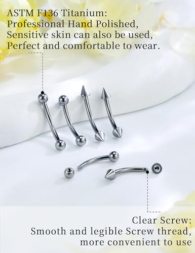 Eyebrow Piercing Jewelry F136 Titanium Internally & externally Threaded Curved Barbell Vertical Labret Lip Jewelry Ear Rook Navel Belly Button Ring Women Men 20g 18g 16g 6mm/8mm/10mm/12mm - color: F136 titanium Eyebrow Piercing Jewelry 16G