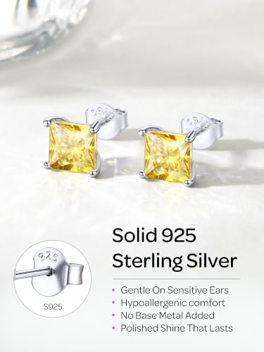 ChicSilver 925 Sterling Silver Earrings Sparkling Heart/Round/Princess Cut Birthstone Earrings for Women Birthday Jewelry with Gift Box - style: A.November(Yellow Topaz)-Princess Cut