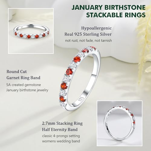 Birthstone Rings Eternity Band 925 Sterling Silver/Yellow Gold-Plated Created Gemstone Stackable Wedding Band 2.7mm Thin Half Eternity Rings for Women Size 6 to 10 - color: 01-Garnet-Jan.