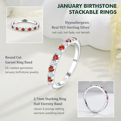 Birthstone Rings Eternity Band 925 Sterling Silver/Yellow Gold-Plated Created Gemstone Stackable Wedding Band 2.7mm Thin Half Eternity Rings for Women Size 6 to 10 - color: 01-Garnet-Jan.
