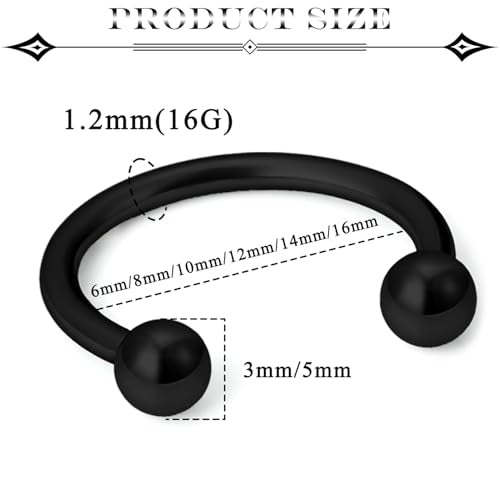 16G Septum Rings Surgical Steel Nose Septum Horseshoe Hoop Earring Eyebrow Tragus Helix Lip Piercing Jewelry Nipple Rings for Women Men 6mm 8mm 10mm 12mm 14mm 16mm - color: black,ball