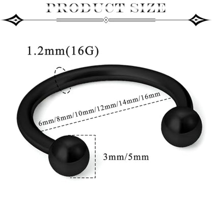 16G Septum Rings Surgical Steel Nose Septum Horseshoe Hoop Earring Eyebrow Tragus Helix Lip Piercing Jewelry Nipple Rings for Women Men 6mm 8mm 10mm 12mm 14mm 16mm - color: black,ball