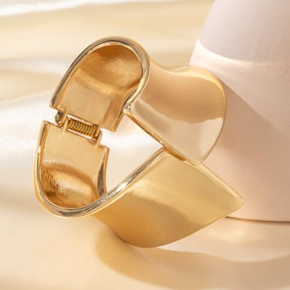 14K Gold Plated Open Cuff Bracelet for Women - Chunky Minimalist Geometric Arm Cuff, Adjustable Spring-Loaded Gold Bangle, Trendy Tarnish Resistant Statement Jewelry