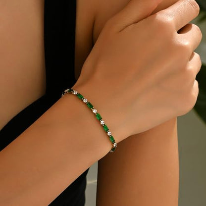 18K Gold Plated Multi-Color Classic Tennis Bracelet for Women Dainty Color 3mm Rainbow Cubic Zirconia Bracelet Adjustable CZ Gold Bracelets Trendy Summer Jewelry Gift - style: Green-Gold