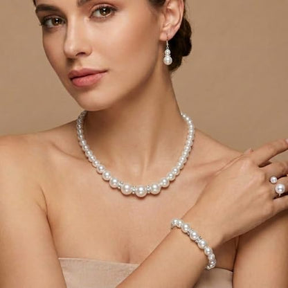 4 Pcs Big Pearl Necklace and Earring Set, White Jewelry Sets for Women, Elegant Bracelet Ring Collection, Classic Costume Jewelry for Wedding Bridesmaid Party Daily Wear