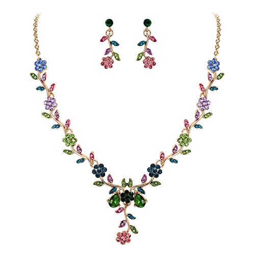 BriLove Women's Wedding Jewelry Set for Bride,Prom Bridal Accessories | Bling Crystal,Flower Leaf Cluster,Dangle Earrings Pendant Necklace Set,for Bridesmaid,Party Jewellery - color: 11-Multicolor Gold-Plated-Base