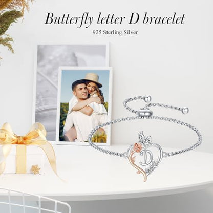 TOUPOP Gifts for Women Rose Heart Initial Bracelet 925 Sterling Silver Butterfly Letter Link Bracelet Love Jewelry Anniversary Birthday Gifts for Wife Girlfriend Mom Her - style: Initial D