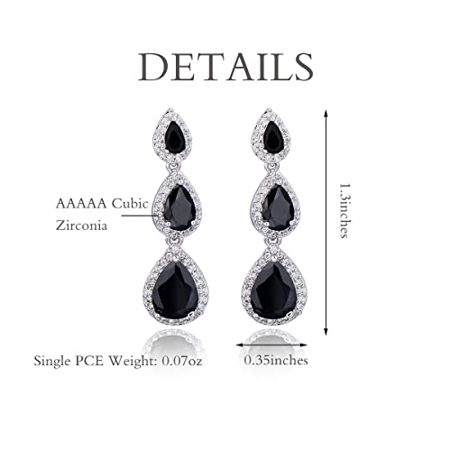Women's Cubic Zirconia Bridal Earrings - Elegant Long Wedding Party Prom Earring for Bride Bridesmaids Crystal CZ Rhinestone Chandelier Statement Dangle Drop Earrings for Women - color: Black