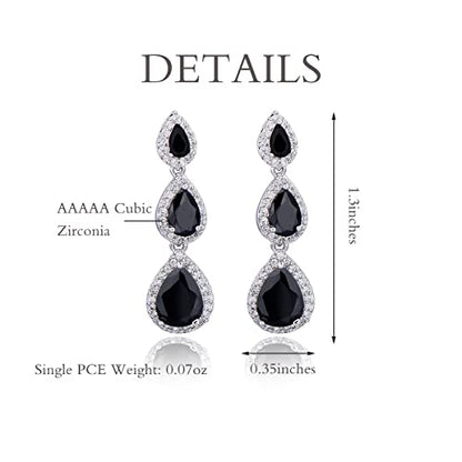 Women's Cubic Zirconia Bridal Earrings - Elegant Long Wedding Party Prom Earring for Bride Bridesmaids Crystal CZ Rhinestone Chandelier Statement Dangle Drop Earrings for Women - color: Black
