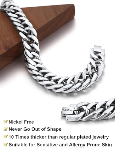 ChainsHouse Stainless Steel Cuban Link Bracelet, 6mm/8mm/12mm/17mm Width, 7.5"/8.3"/9", Black/ 18K Gold Plated Chain Wrist Bracelets for Men Women, Send Gift Box - color: R: Steel-17mm width-custom