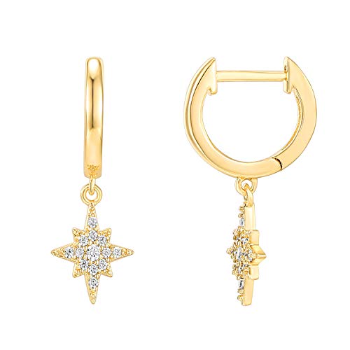 PAVOI 14K Gold Plated Huggie Hoop Earrings with Charms for Women - 925 Sterling Silver Posts Dainty Motif Huggie Hoop Dangle Earrings - Lightweight Dangle Drop Jewelry with Cubic Zirconia - style: Celestial