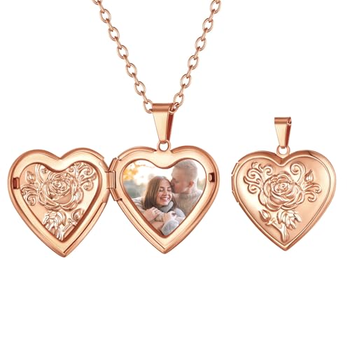 FindChic Locket Necklace for Women Custom Photo Memorial Gifts 4 Colors | Silver/Black/Rose Gold/Gold Plated Personalized for Loved Ones, Birthday Valentine's Day Keepsake - style: 12. Rose Relief (DIY)-Rose Gold