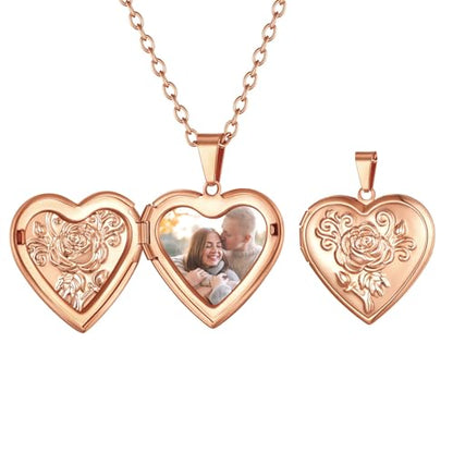 FindChic Locket Necklace for Women Custom Photo Memorial Gifts 4 Colors | Silver/Black/Rose Gold/Gold Plated Personalized for Loved Ones, Birthday Valentine's Day Keepsake - style: 12. Rose Relief (DIY)-Rose Gold