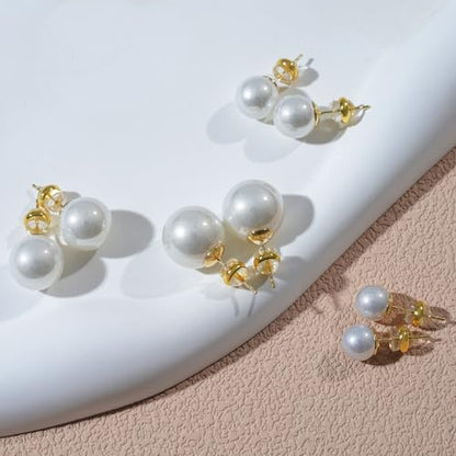 4 Pairs Pearl Stud Earrings, 14K Gold Plated Silver Posts Hypoallergenic Round Simulated Large Pearls, 8mm/10mm/12mm/14mm Stud Earring Set for Women