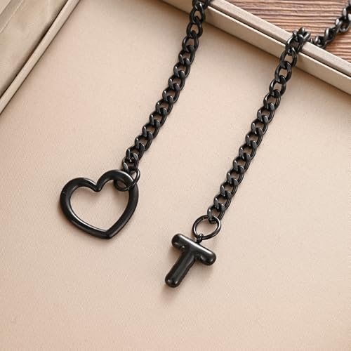 sroyte Black Heart Slip Chain Initial Necklaces for Women,Stainless Steel O-Ring Adjustable Lariat Heart Y-Necklace,Punk Gothic Cuban Collar Choker Necklace for women - color: Black T