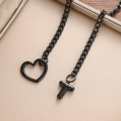sroyte Black Heart Slip Chain Initial Necklaces for Women,Stainless Steel O-Ring Adjustable Lariat Heart Y-Necklace,Punk Gothic Cuban Collar Choker Necklace for women - color: Black T