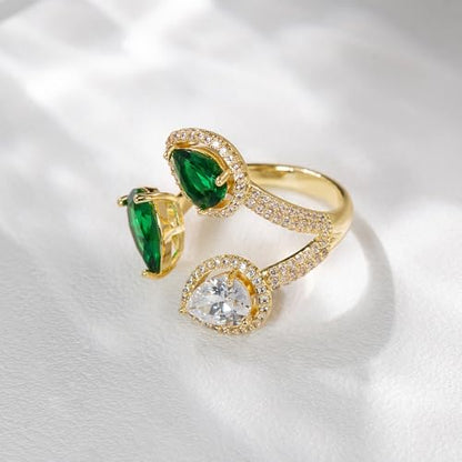 Aura & Irena 18K Gold Plated Pear-Shaped Cocktail Rings for Women, Non-Tarnish Adjustable Statement Ring with 3A Cubic Zirconia, Gift for Family Friend - color: Green