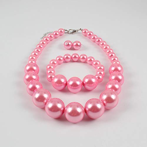 Bridal Wedding Faux Pearl Statement Necklace and Clip on Earrings Bracelet Jewelry Sets Women Bib Choker Necklace - color: Pink-Necklace+Bracelet+Clip Earrings